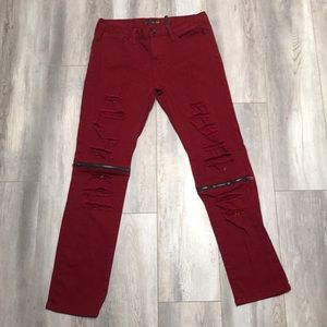 Guess Mens Red Zipper Detailed Distressed Jeans
